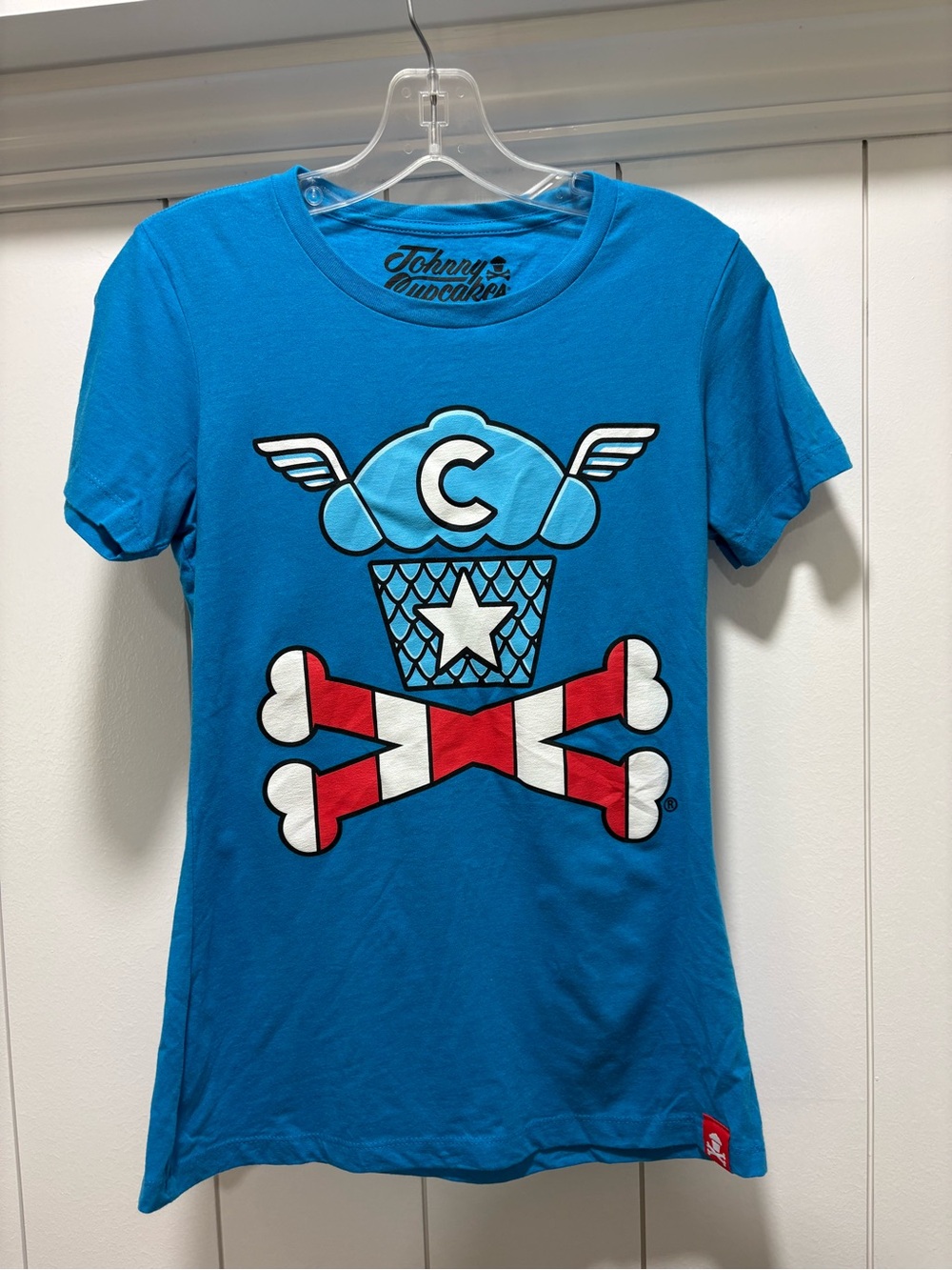 Johnny Cupcakes Teal-Blue Graphic Tee with Red and White Accent size medium